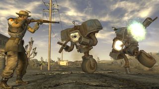 A player shooting Securitrons during one of the best single-player games, Fallout: New Vegas. 