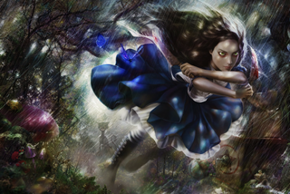 Concept art shows American McGee's Alice flying through the air.